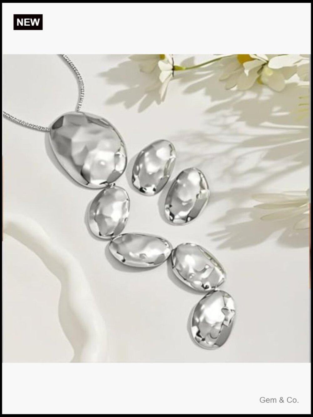 Long Oval Y Necklace Earring Set Hammered Geometric Statement Jewelry - Picture 6 of 7